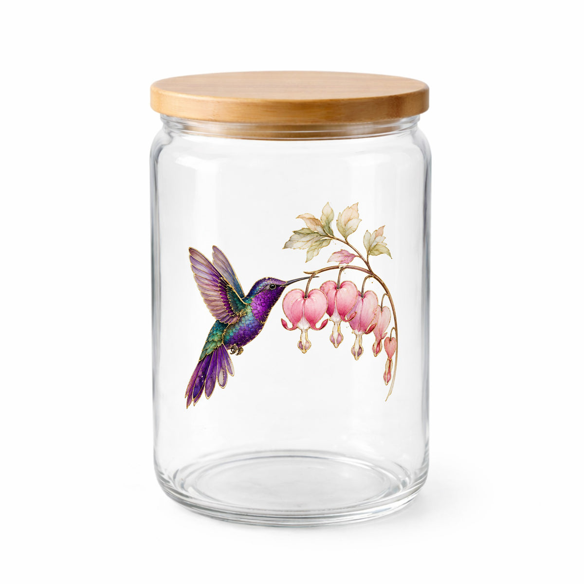 Purple Hummingbird Bleeding Heart UV DTF sticker applied to a clear glass jar with a wooden lid