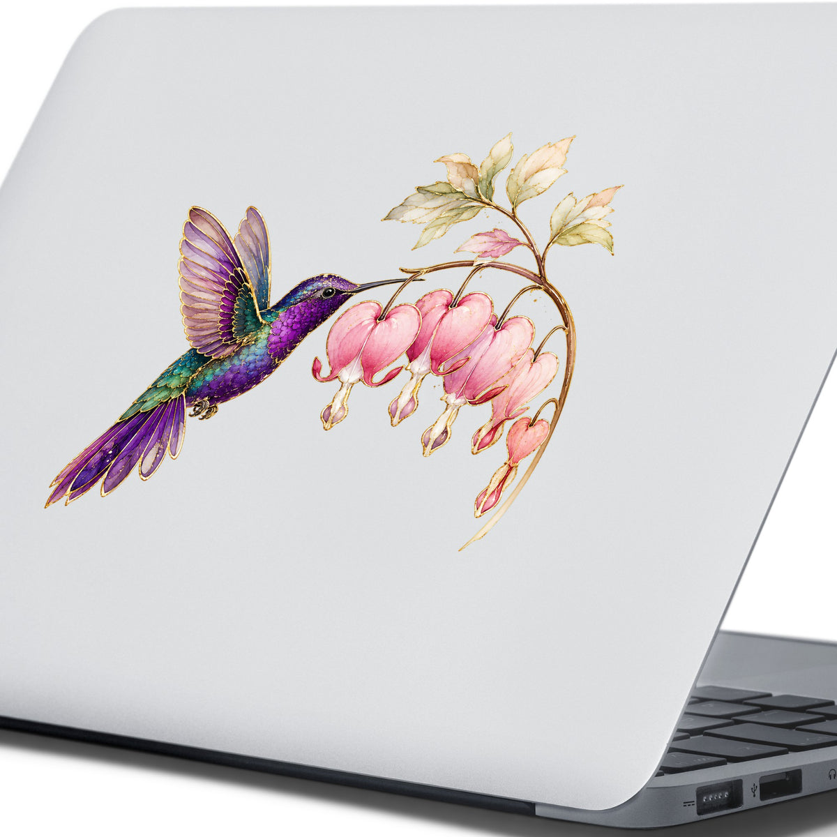 Purple Hummingbird Bleeding Heart UV DTF sticker applied to the lid of a silver laptop