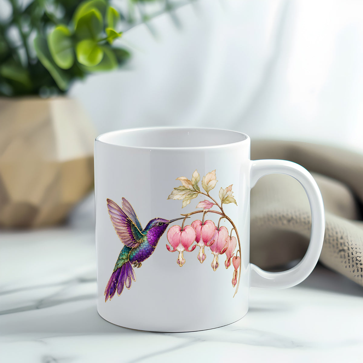 Purple Hummingbird Bleeding Heart UV DTF sticker applied to a white coffee mug