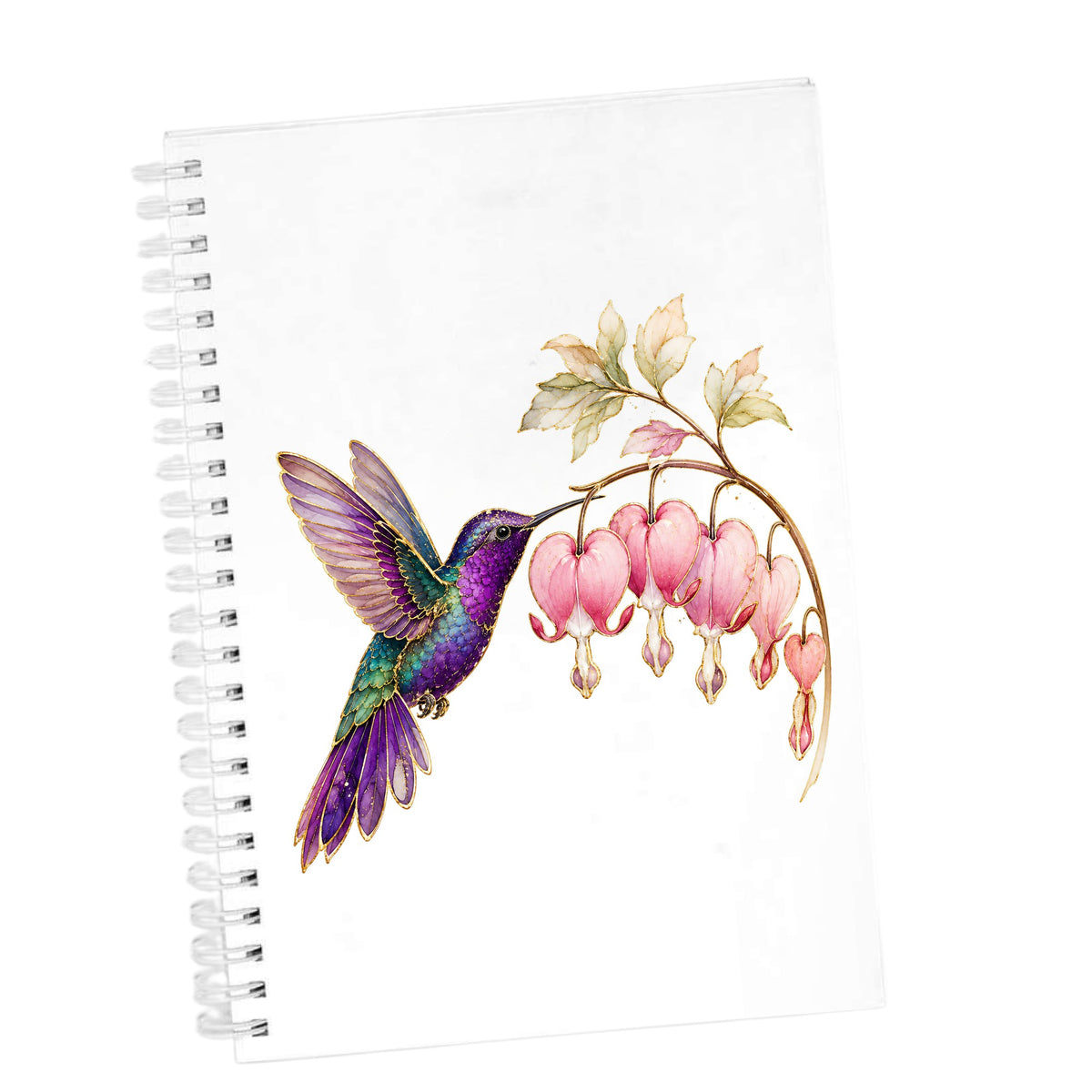Purple Hummingbird Bleeding Heart UV DTF sticker applied to the cover of a white spiral journal
