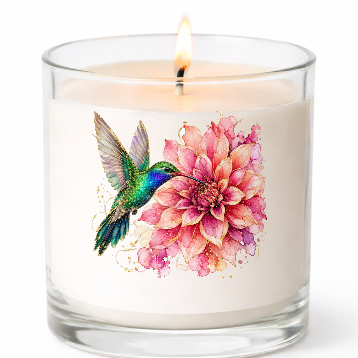 Hummingbird Pink Dahlia UV DTF sticker applied to a white candle in a clear glass jar