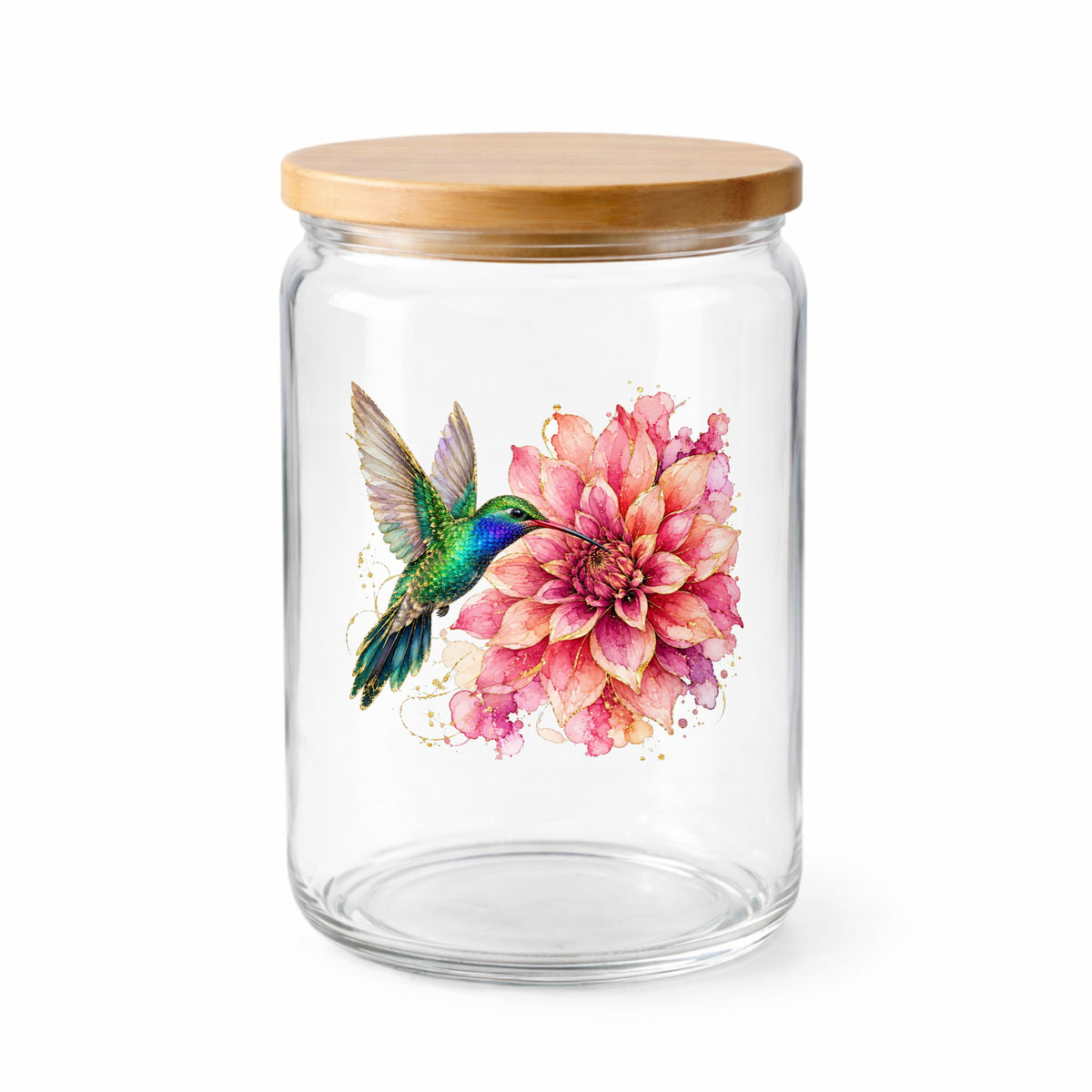 Hummingbird Pink Dahlia UV DTF sticker applied to a clear glass jar with a wooden lid