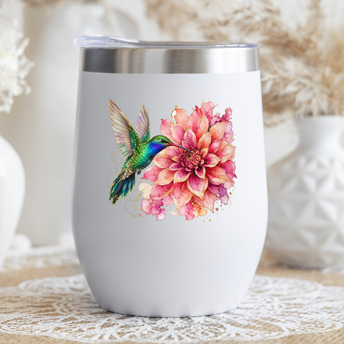 Hummingbird Pink Dahlia UV DTF sticker applied to a white stemless tumbler with a lid