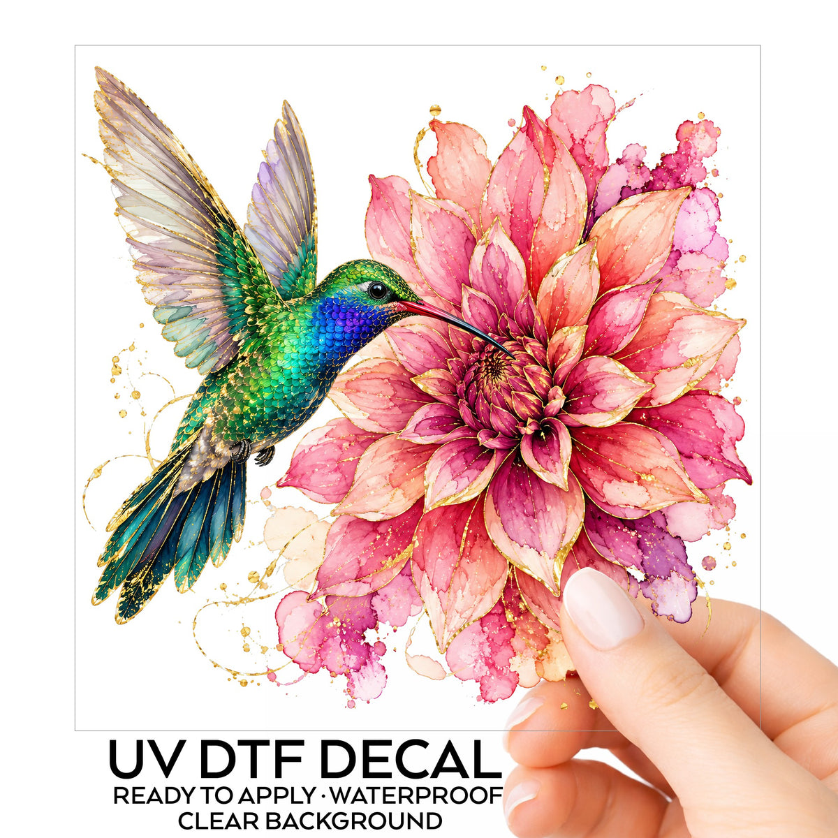 Hummingbird Pink Dahlia UV DTF sticker on its backing card, held in hand