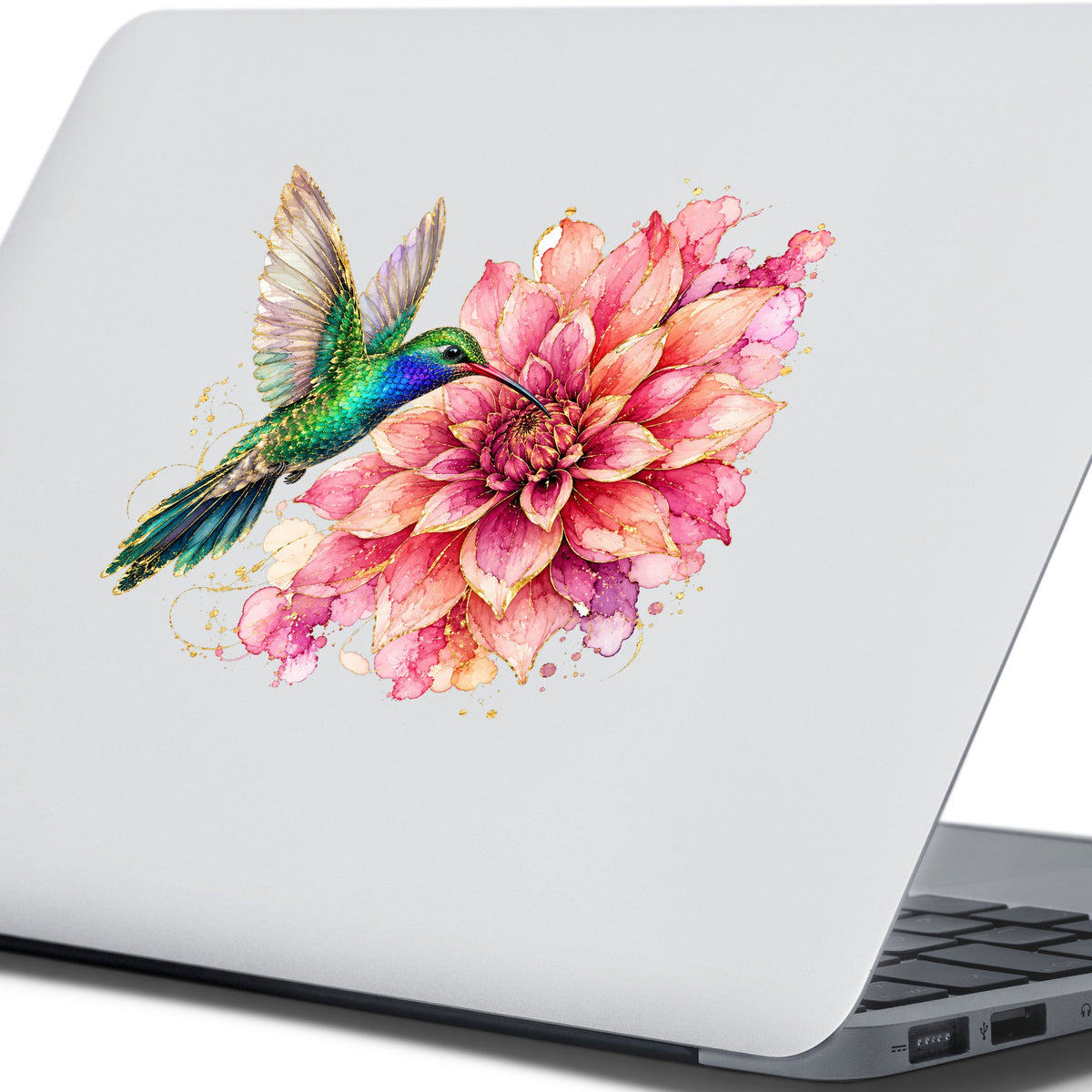 Hummingbird Pink Dahlia UV DTF sticker applied to the lid of a silver laptop