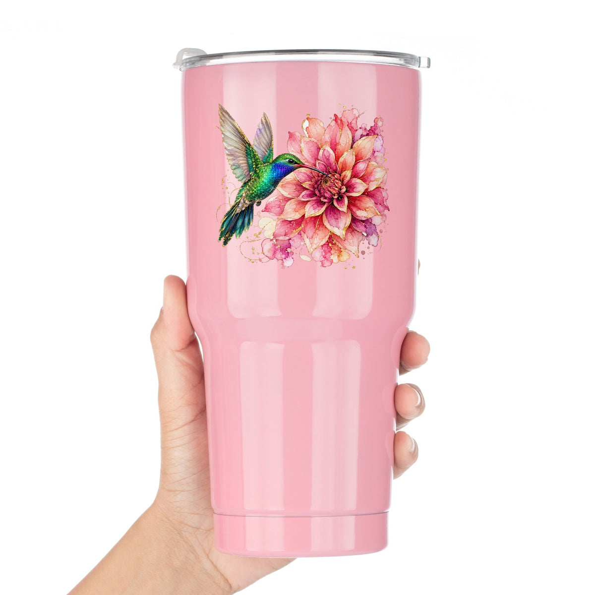 Hummingbird Pink Dahlia UV DTF sticker applied to a pink tumbler held against a white background