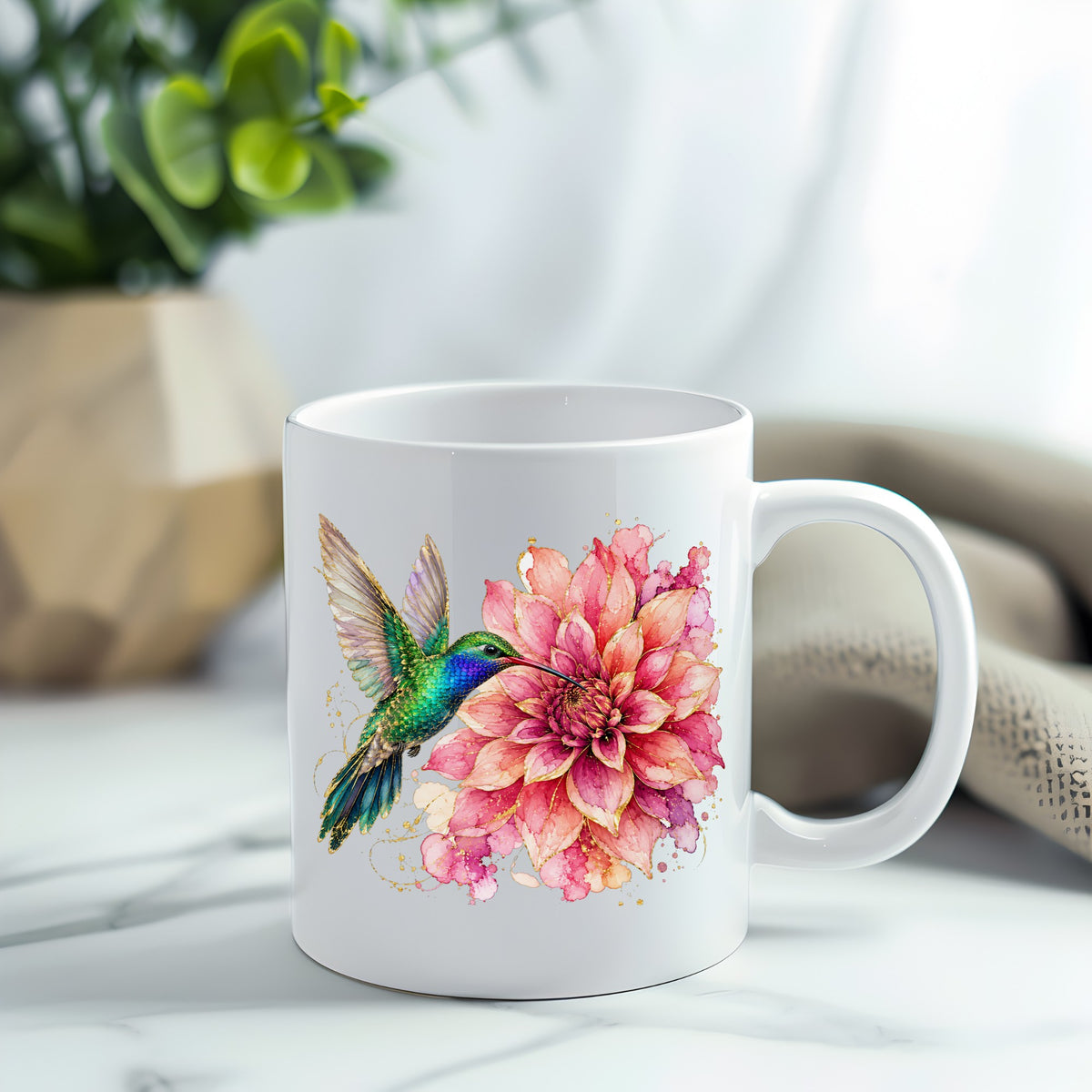 Hummingbird Pink Dahlia UV DTF sticker applied to a white coffee mug