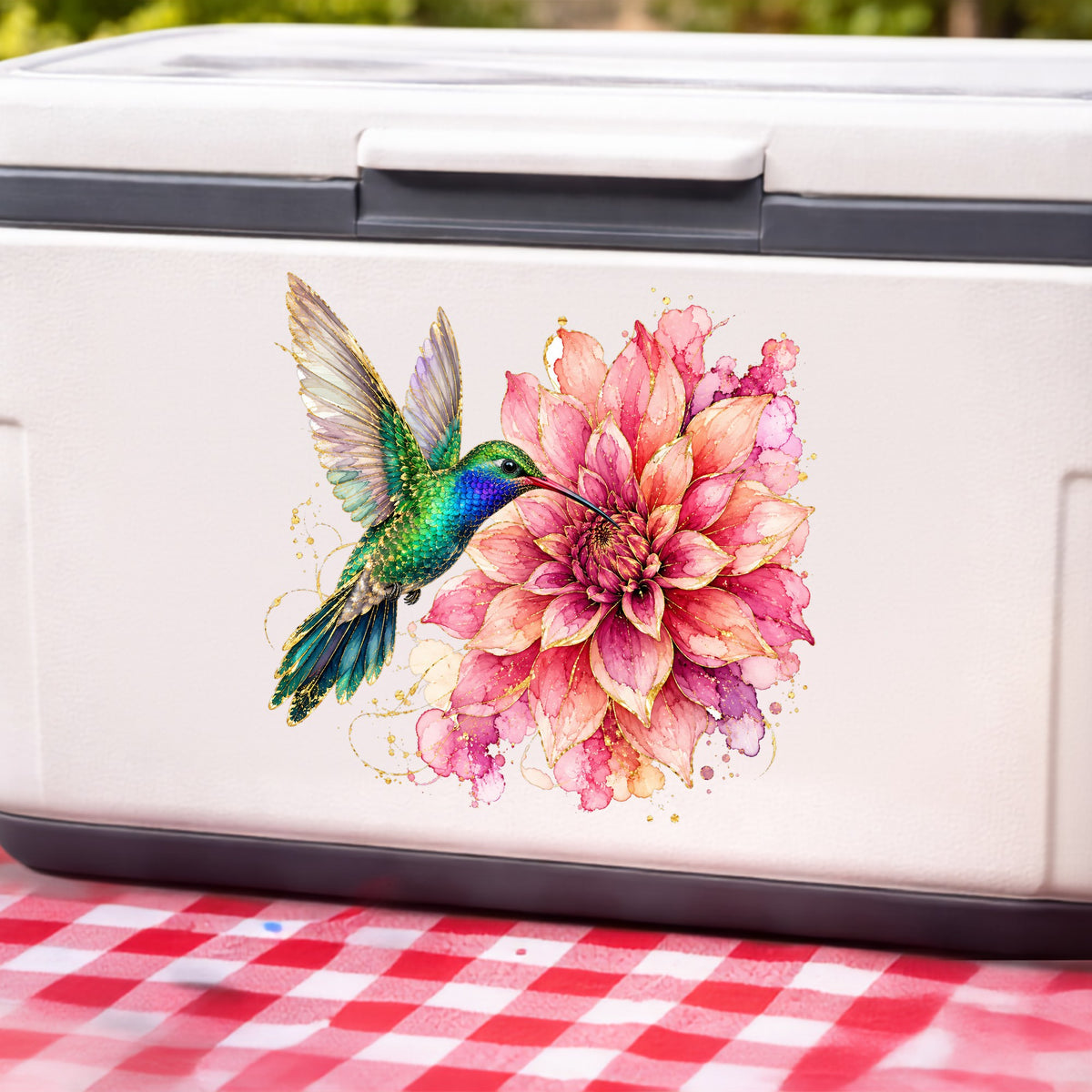 Hummingbird Pink Dahlia UV DTF sticker applied to a white cooler on a red gingham cloth