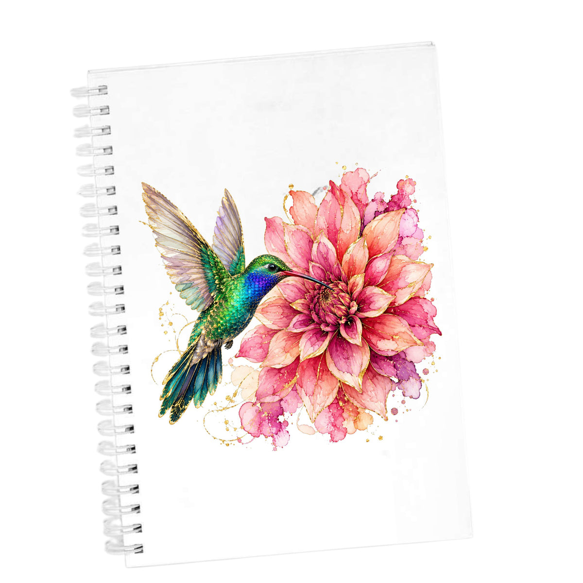 Hummingbird Pink Dahlia UV DTF sticker applied to the cover of a white spiral journal