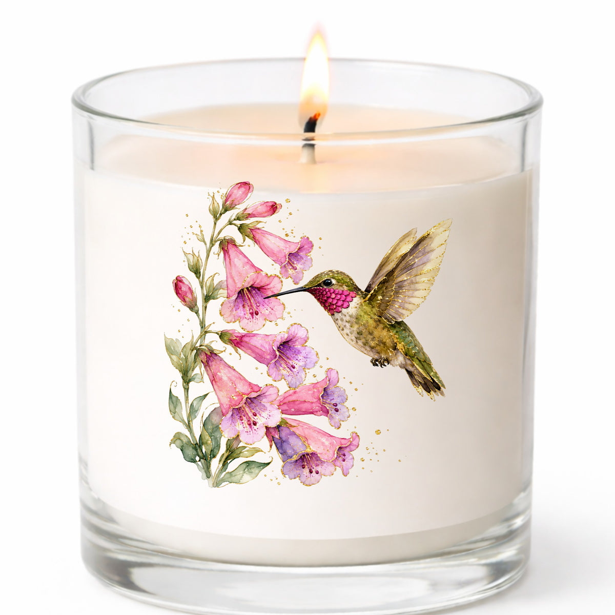 Ruby Throated Hummingbird Pink Bells UV DTF sticker applied to a white candle in a clear glass jar