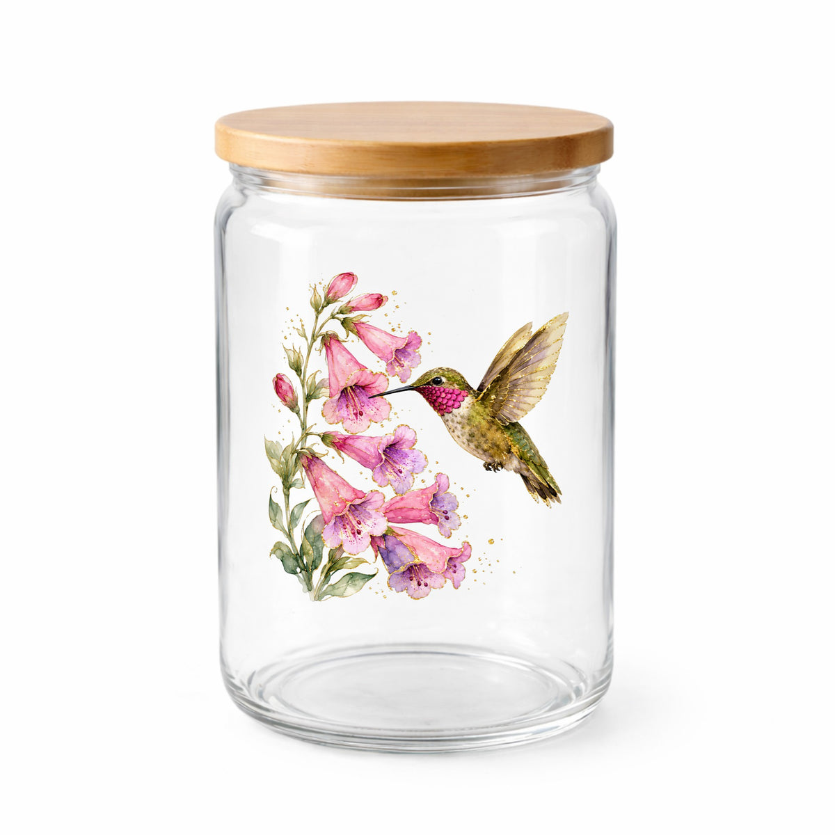 Ruby Throated Hummingbird Pink Bells UV DTF sticker applied to a clear glass jar with a wooden lid