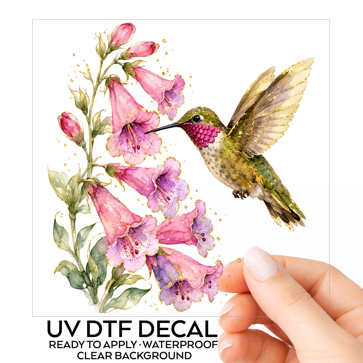 Ruby Throated Hummingbird Pink Bells UV DTF sticker on its backing card, held in hand