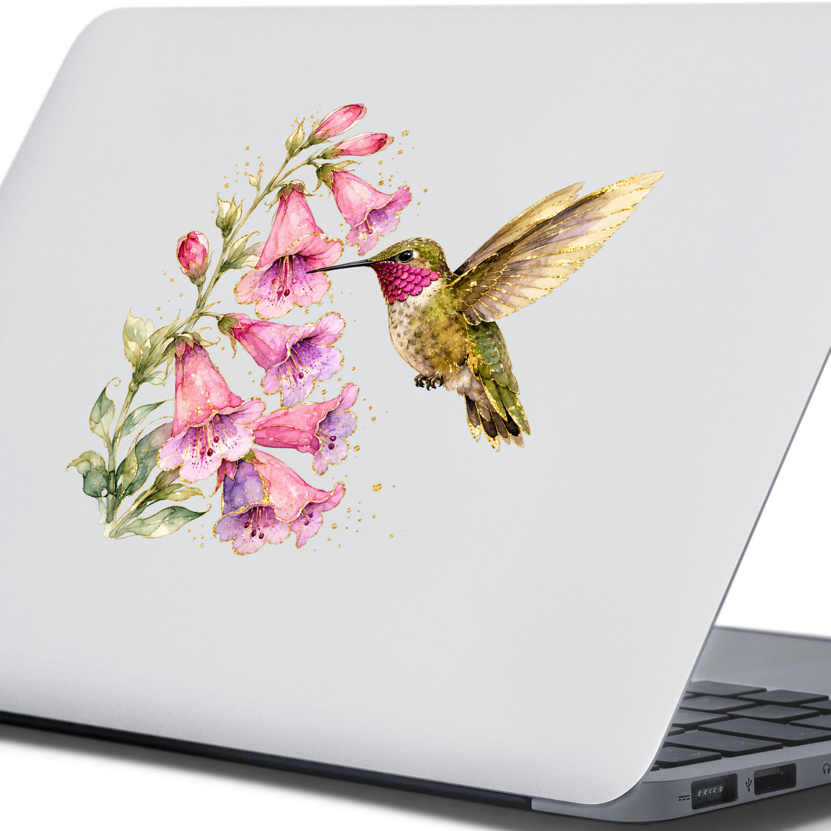 Ruby Throated Hummingbird Pink Bells UV DTF sticker applied to the lid of a silver laptop