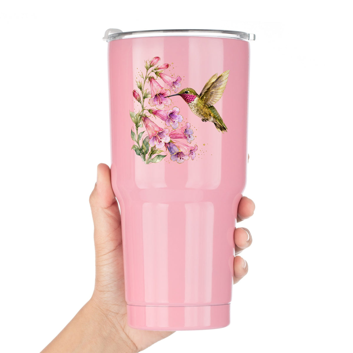 Ruby Throated Hummingbird Pink Bells UV DTF sticker applied to a pink tumbler held against a white background