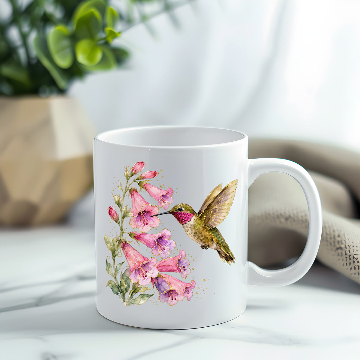 Ruby Throated Hummingbird Pink Bells UV DTF sticker applied to a white coffee mug