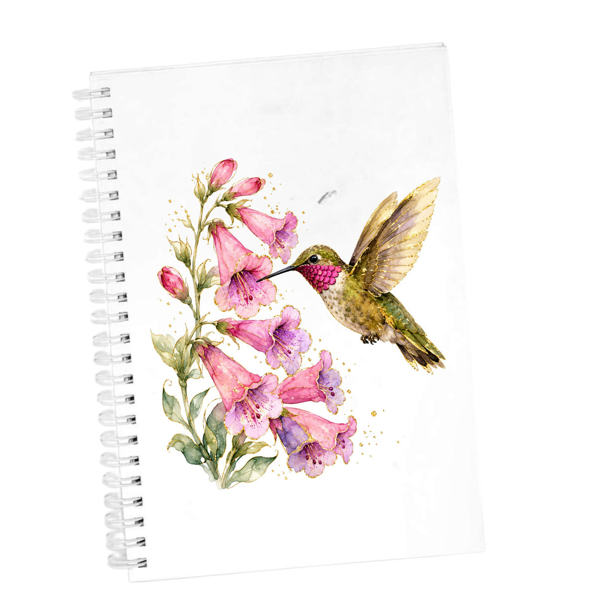Ruby Throated Hummingbird Pink Bells UV DTF sticker applied to the cover of a white spiral journal