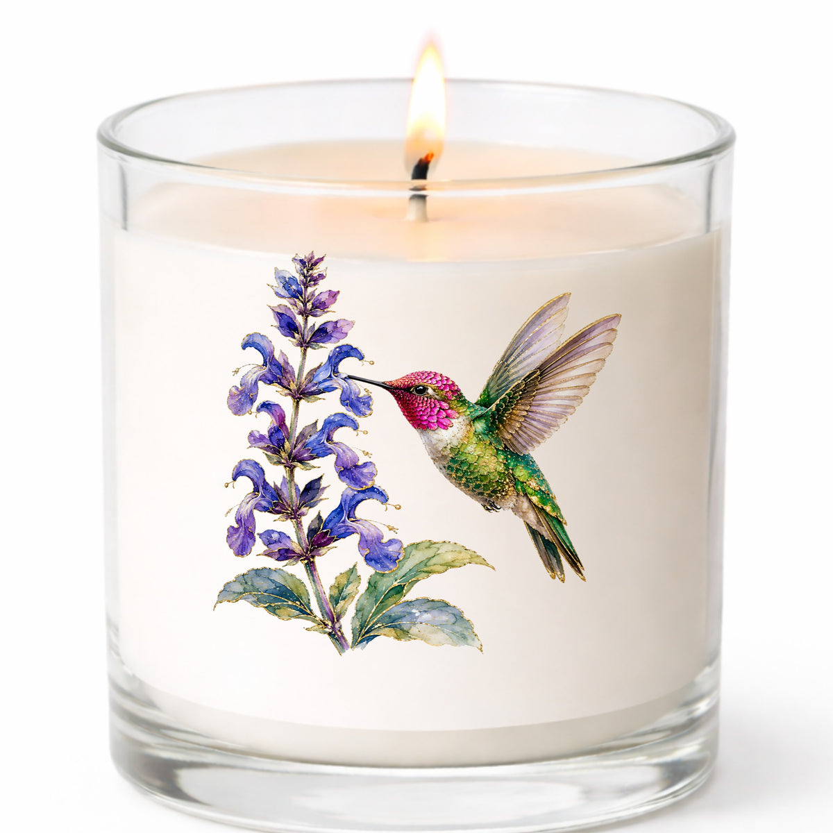Hummingbird Purple Salvia UV DTF sticker applied to a white candle in a clear glass jar