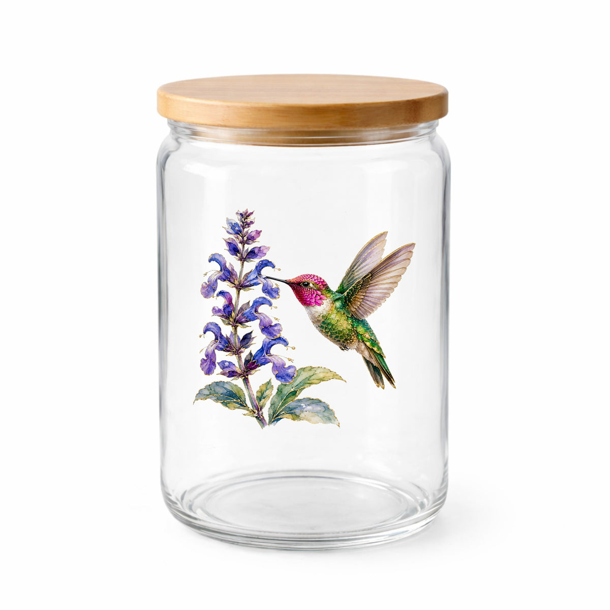 Hummingbird Purple Salvia UV DTF sticker applied to a clear glass jar with a wooden lid