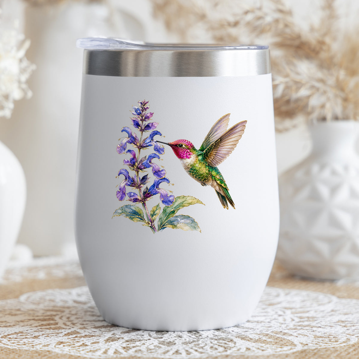 Hummingbird Purple Salvia UV DTF sticker applied to a white stemless tumbler with a lid