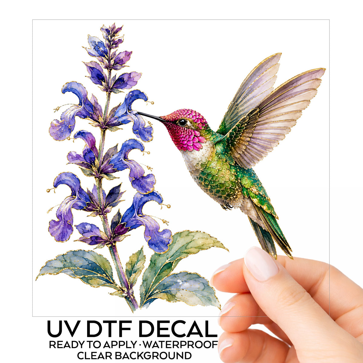 Hummingbird Purple Salvia UV DTF sticker on its backing card, held in hand