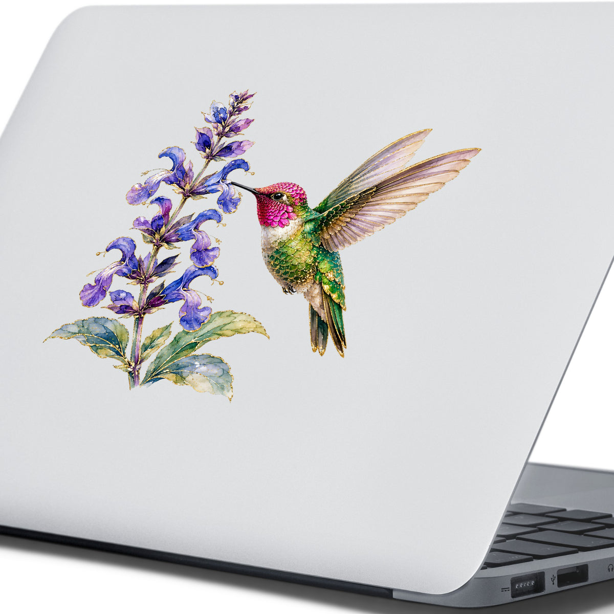 Hummingbird Purple Salvia UV DTF sticker applied to the lid of a silver laptop