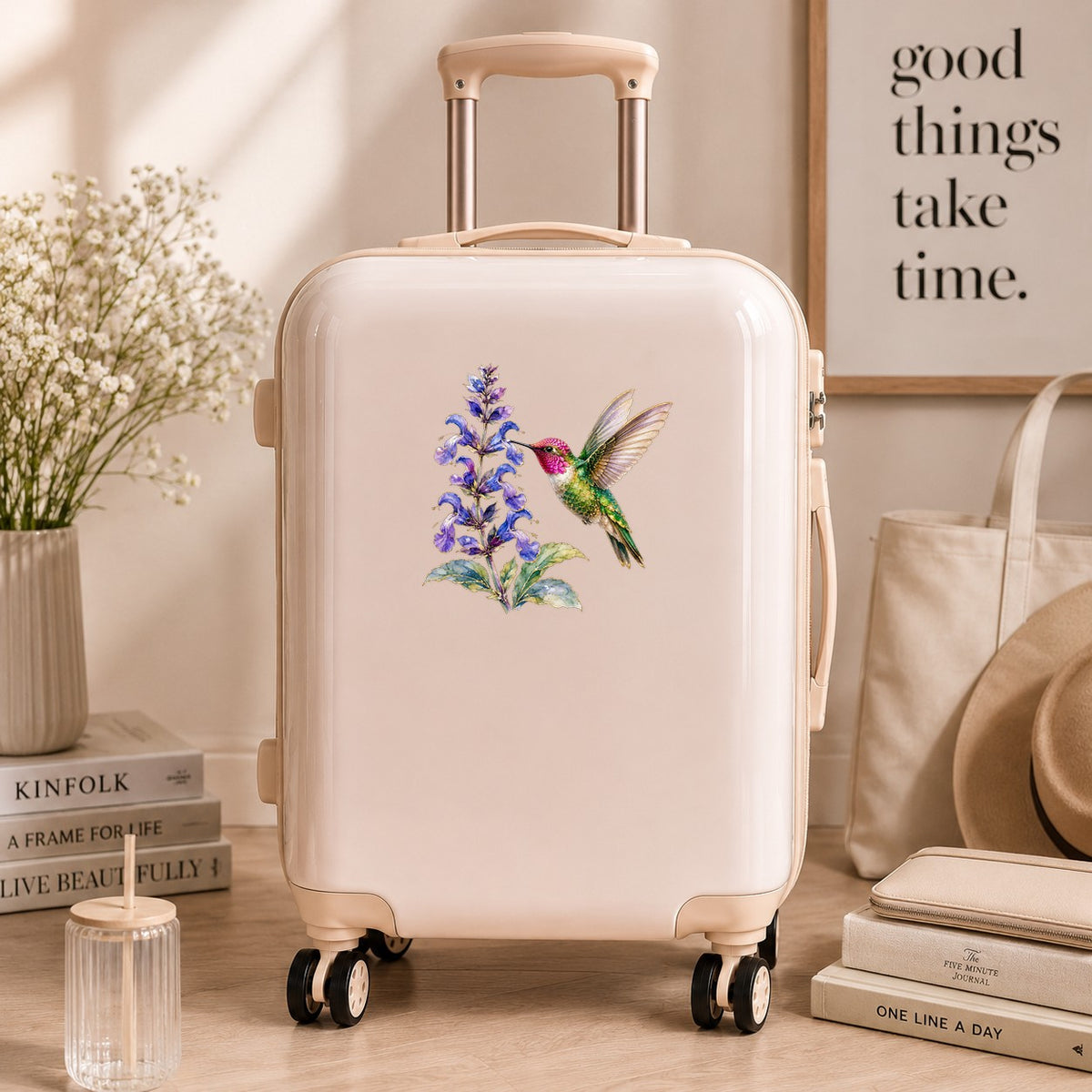 Hummingbird Purple Salvia UV DTF sticker applied to a cream carry-on suitcase
