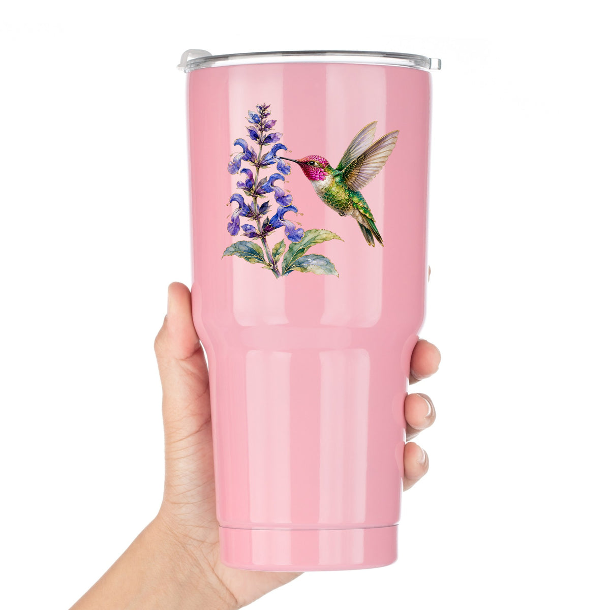 Hummingbird Purple Salvia UV DTF sticker applied to a pink tumbler held against a white background