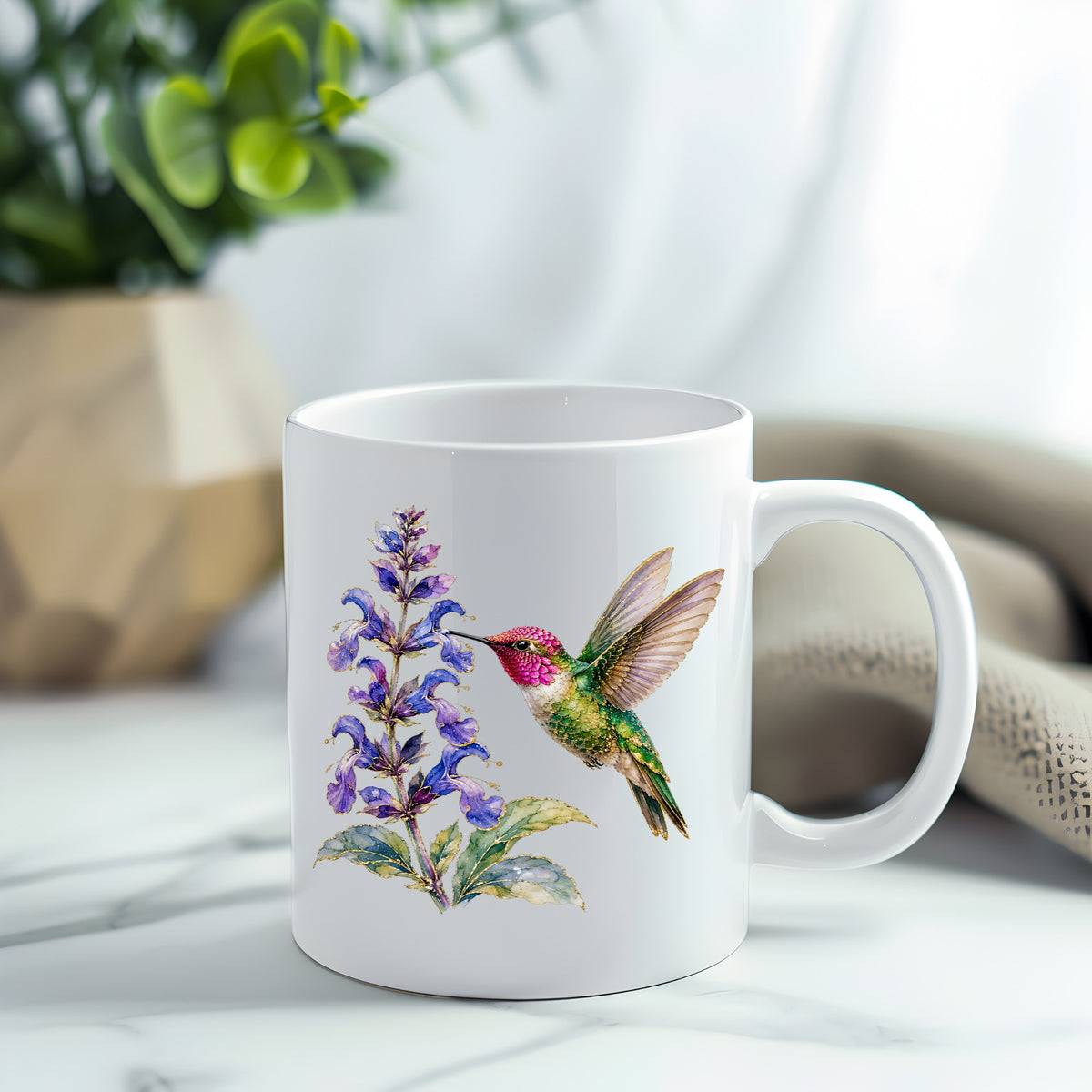 Hummingbird Purple Salvia UV DTF sticker applied to a white coffee mug