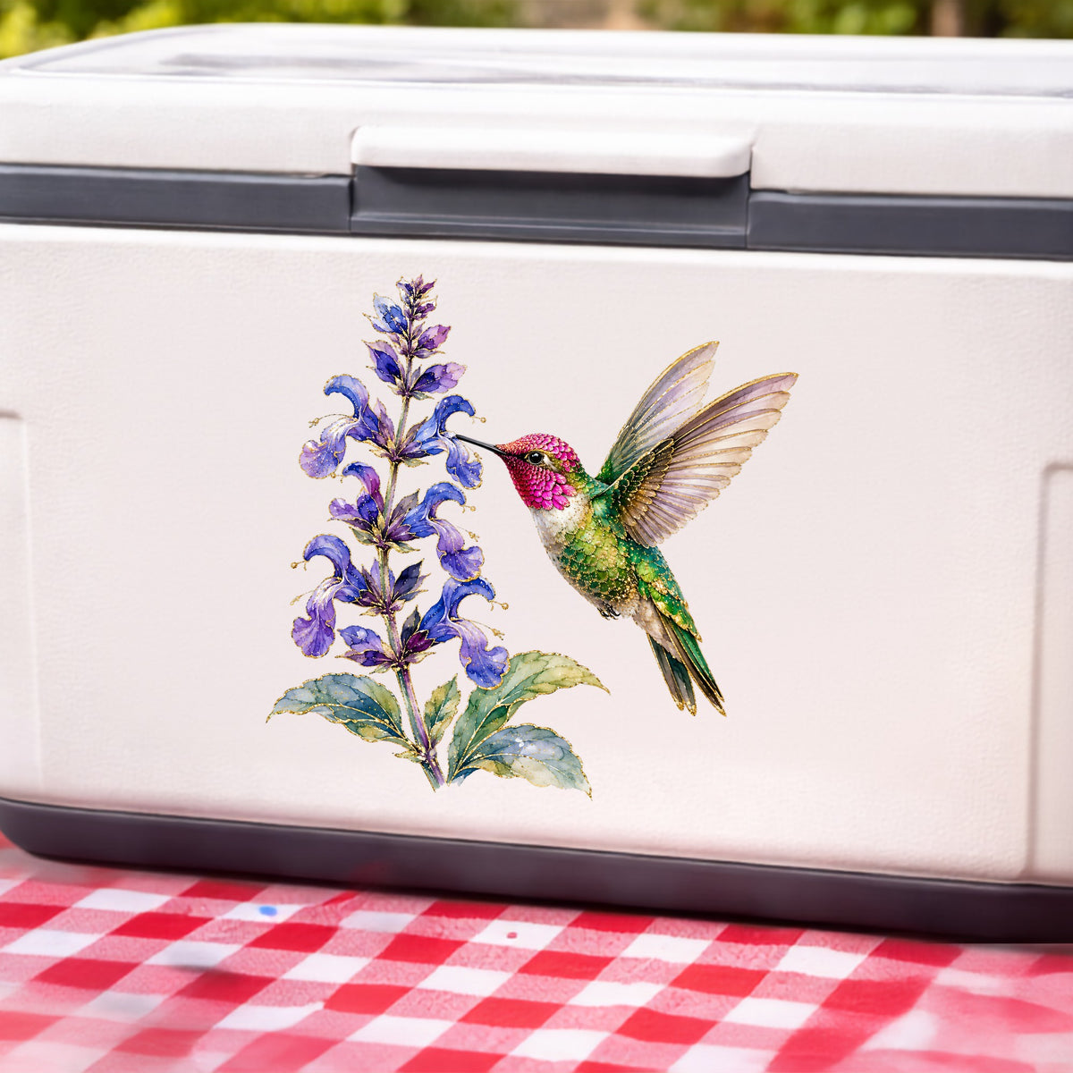 Hummingbird Purple Salvia UV DTF sticker applied to a white cooler on a red gingham cloth