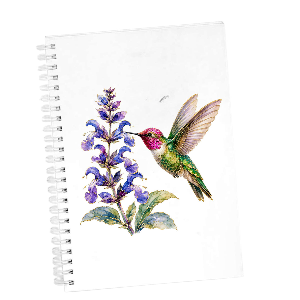 Hummingbird Purple Salvia UV DTF sticker applied to the cover of a white spiral journal