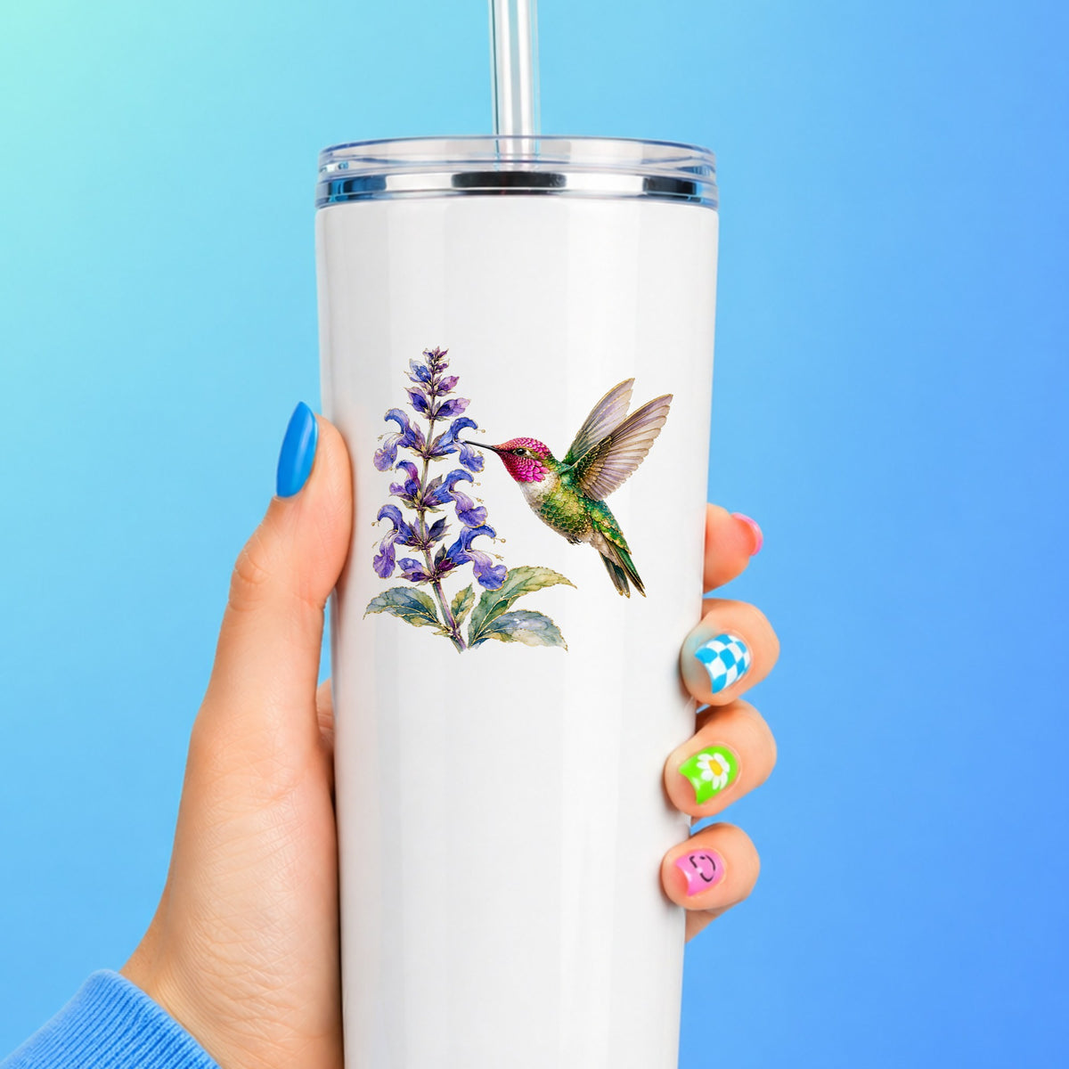 Hummingbird Purple Salvia UV DTF sticker applied to a white straw tumbler on a blue background