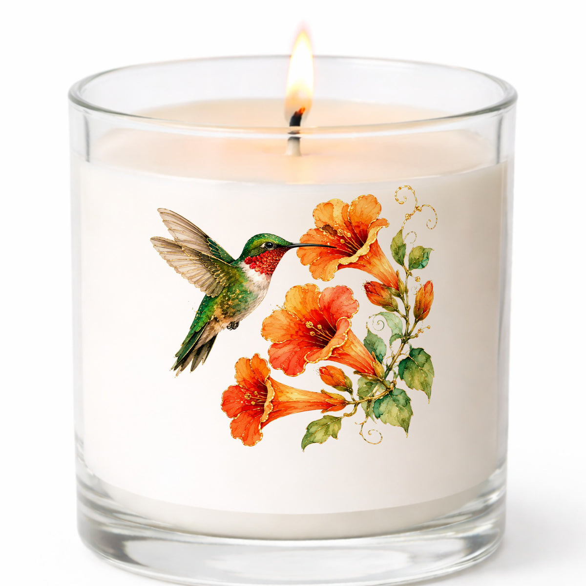 Red Throat Hummingbird Trumpet Flowers UV DTF sticker applied to a white candle in a clear glass jar