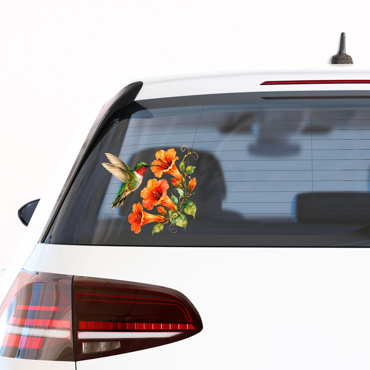 Red Throat Hummingbird Trumpet Flowers UV DTF sticker applied to the rear window of a white car