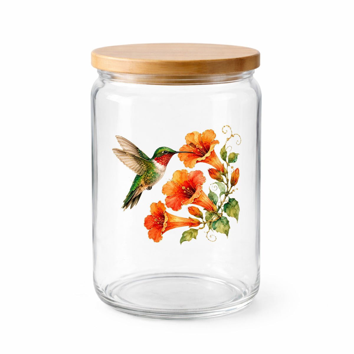 Red Throat Hummingbird Trumpet Flowers UV DTF sticker applied to a clear glass jar with a wooden lid
