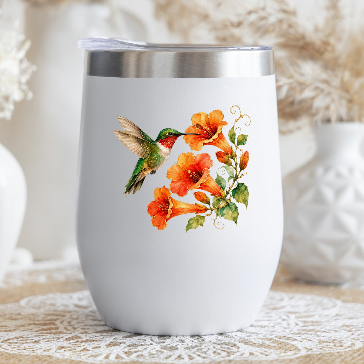 Red Throat Hummingbird Trumpet Flowers UV DTF sticker applied to a white stemless tumbler with a lid