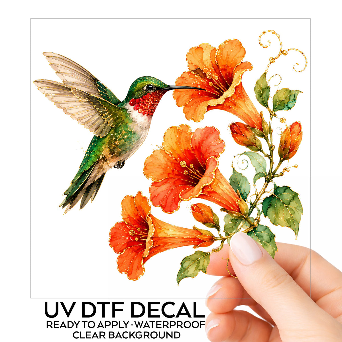 Red Throat Hummingbird Trumpet Flowers UV DTF sticker on its backing card, held in hand