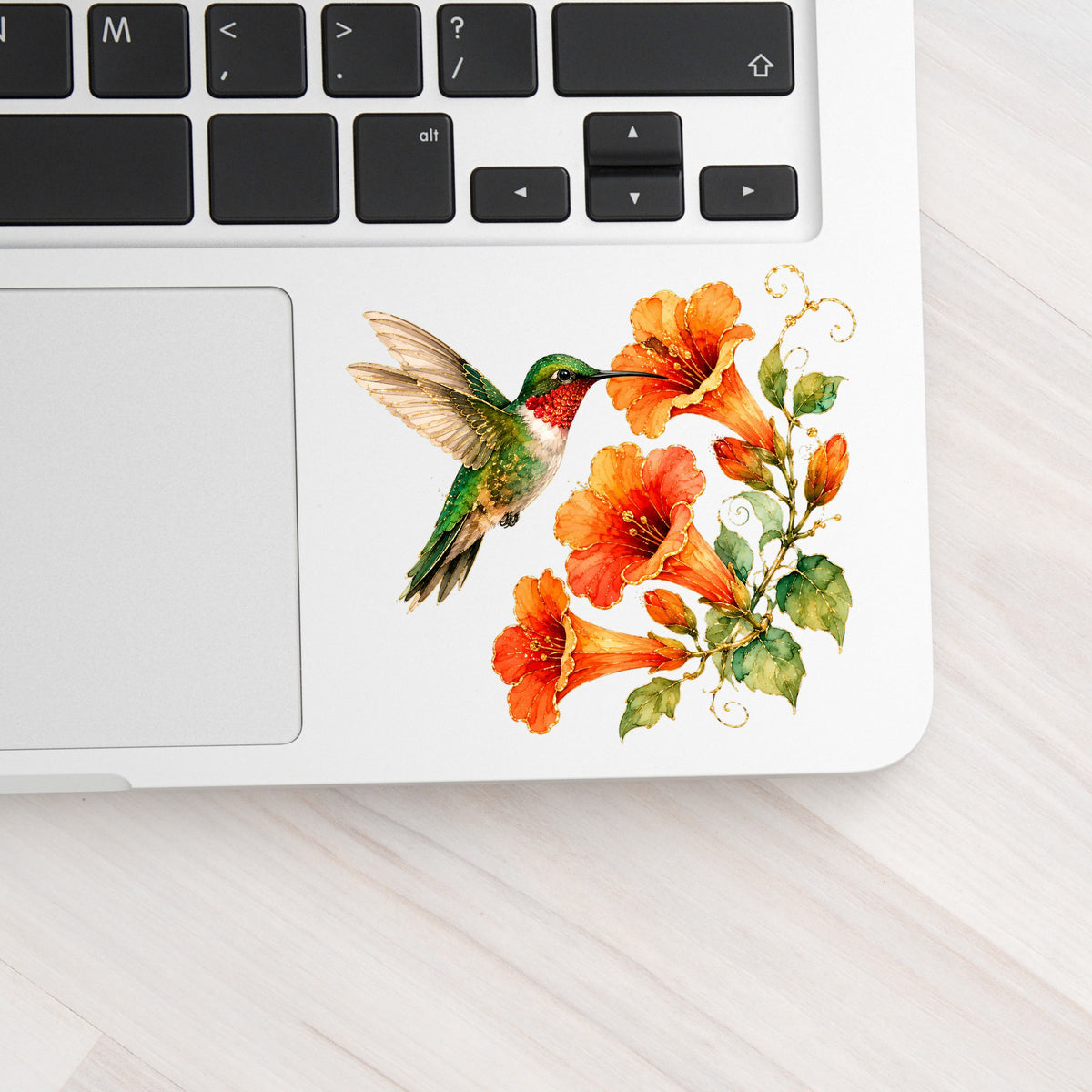 Red Throat Hummingbird Trumpet Flowers UV DTF sticker applied to a silver laptop beside the keyboard
