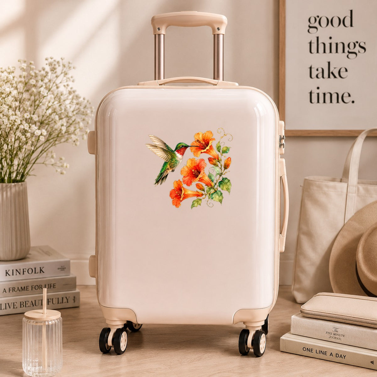 Red Throat Hummingbird Trumpet Flowers UV DTF sticker applied to a cream carry-on suitcase