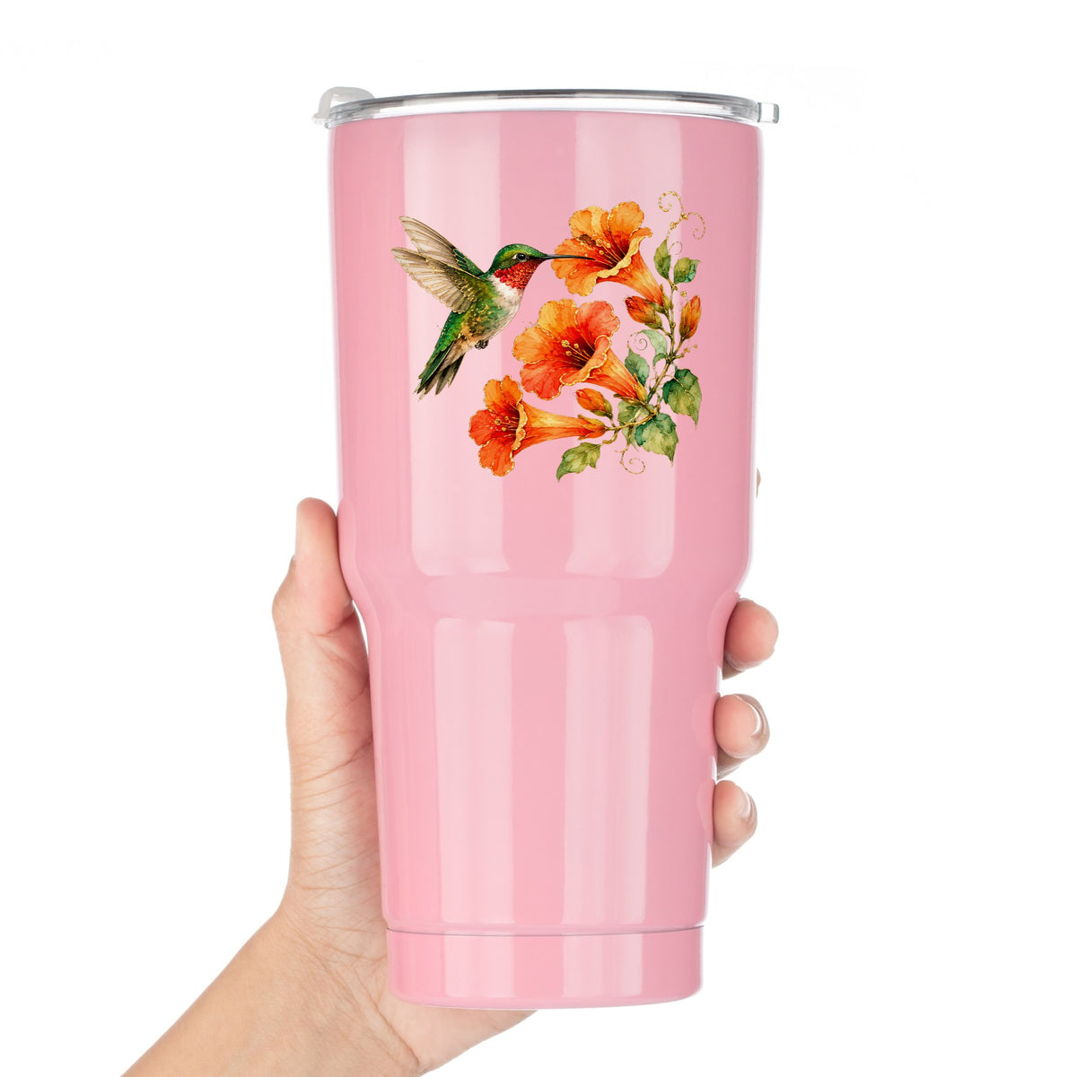 Red Throat Hummingbird Trumpet Flowers UV DTF sticker applied to a pink tumbler held against a white background