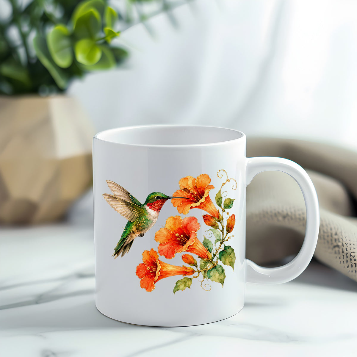 Red Throat Hummingbird Trumpet Flowers UV DTF sticker applied to a white coffee mug