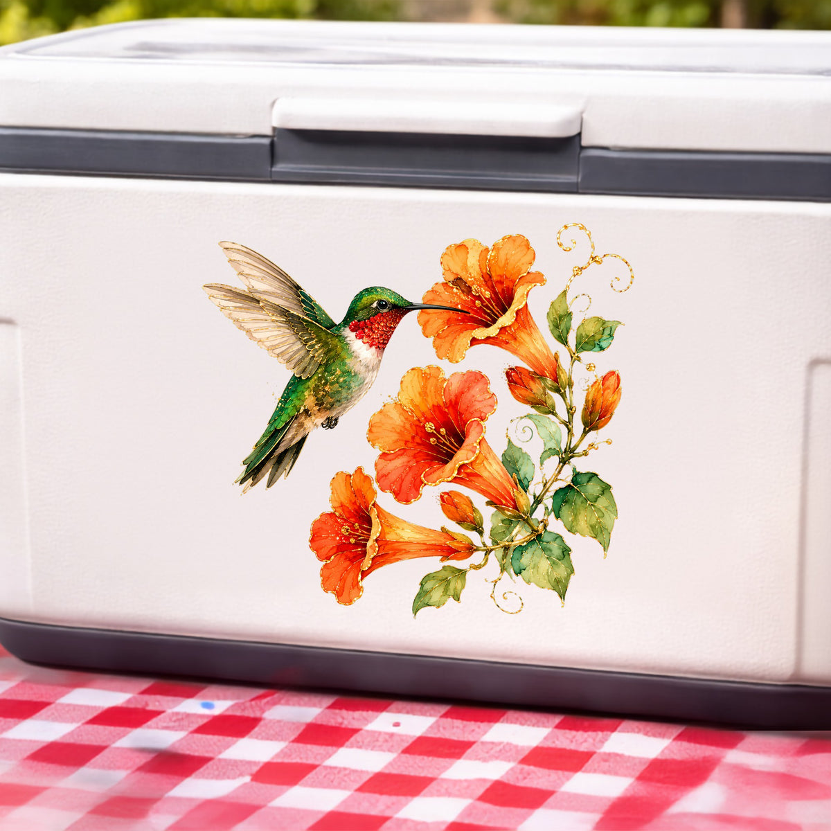 Red Throat Hummingbird Trumpet Flowers UV DTF sticker applied to a white cooler on a red gingham cloth