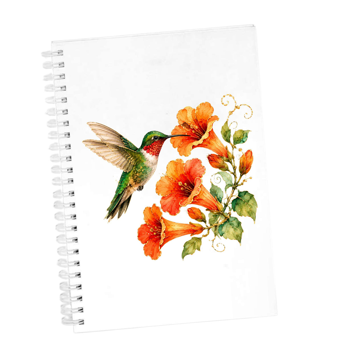 Red Throat Hummingbird Trumpet Flowers UV DTF sticker applied to the cover of a white spiral journal