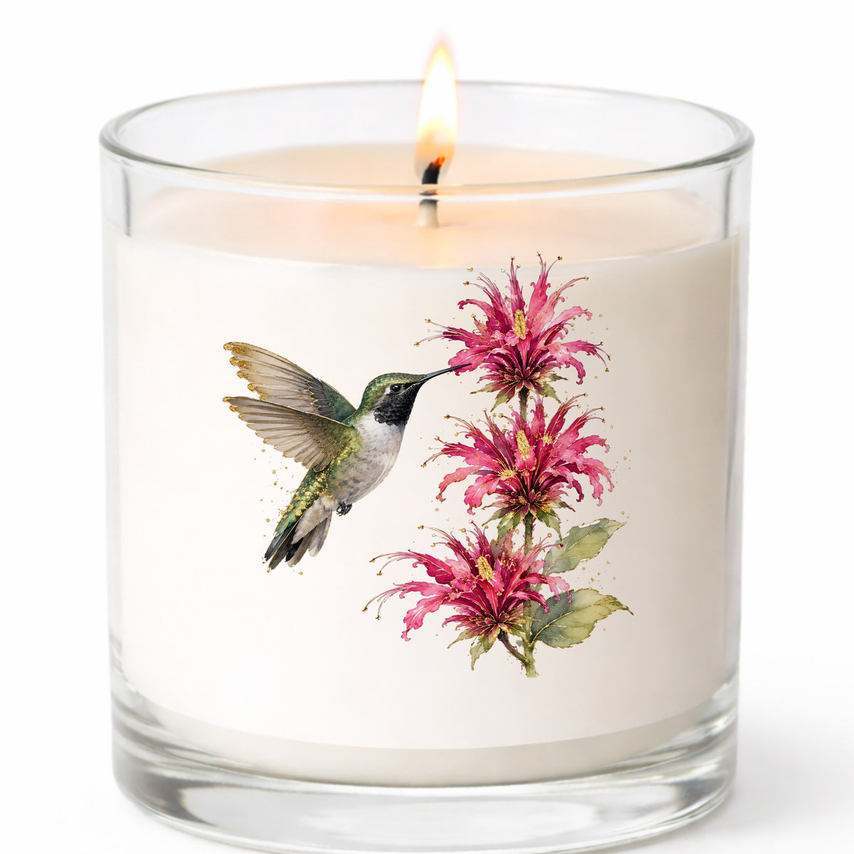 Hummingbird Pink Bee Balm UV DTF sticker applied to a white candle in a clear glass jar