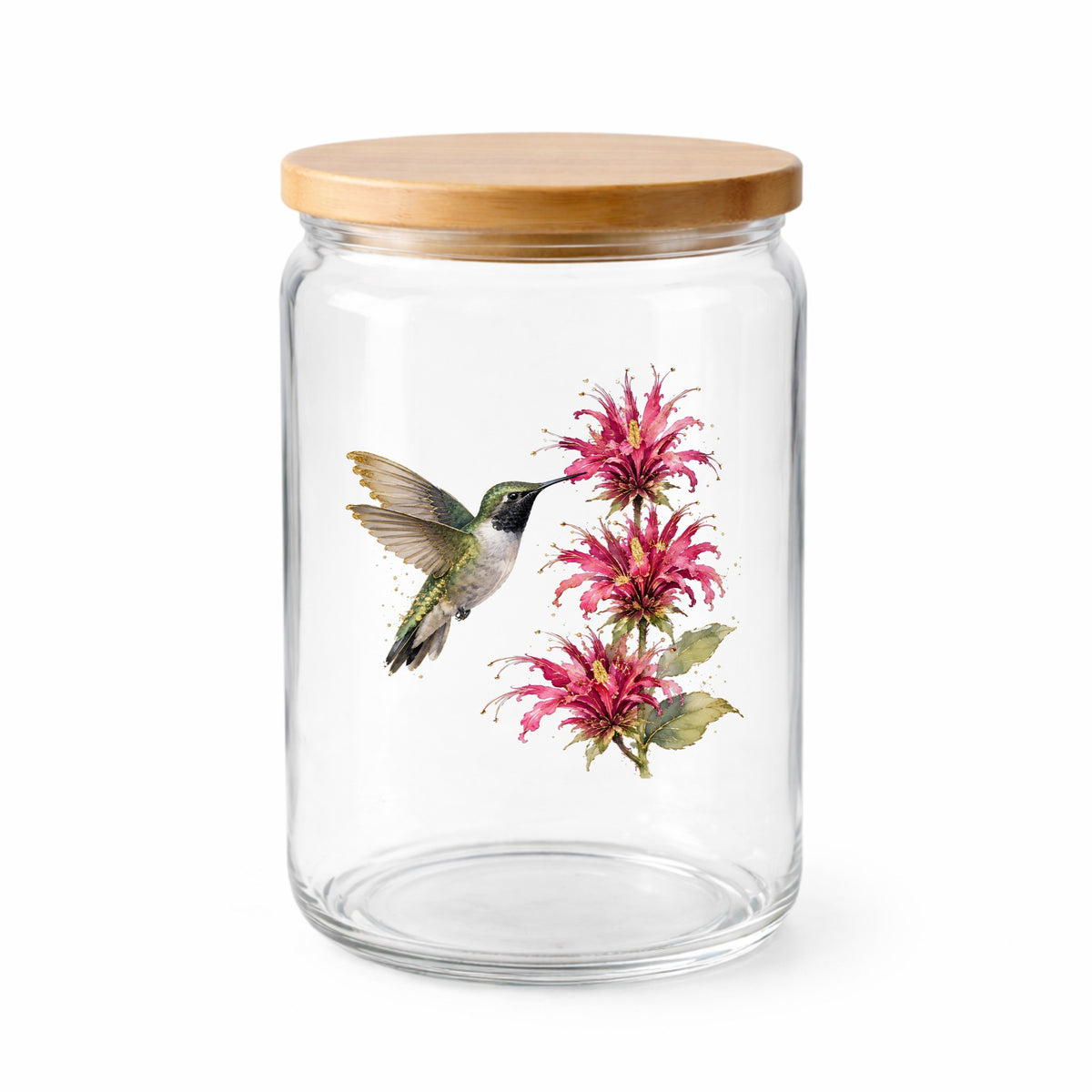Hummingbird Pink Bee Balm UV DTF sticker applied to a clear glass jar with a wooden lid