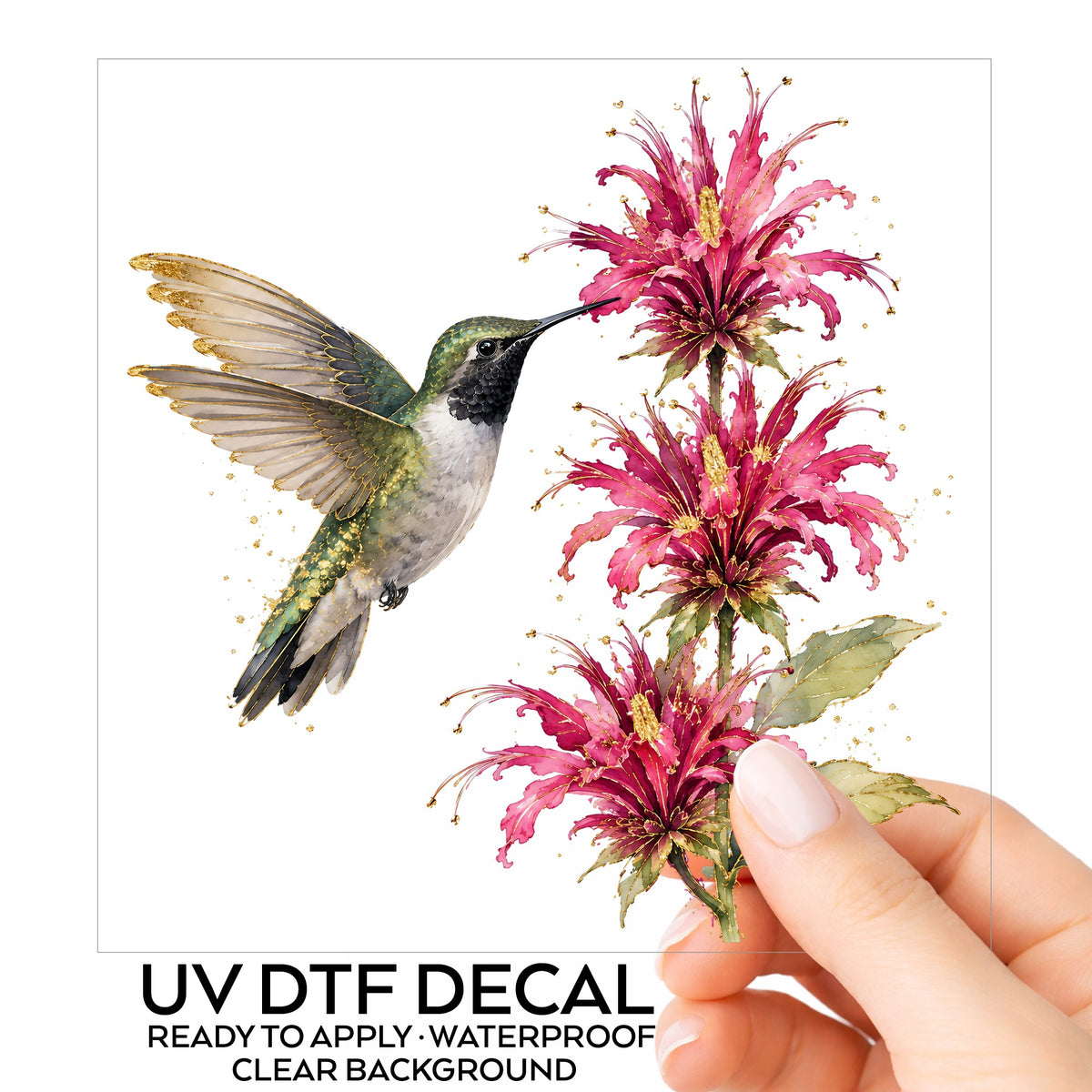 Hummingbird Pink Bee Balm UV DTF sticker on its backing card, held in hand