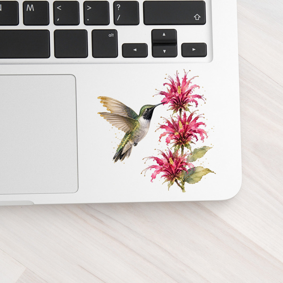 Hummingbird Pink Bee Balm UV DTF sticker applied to a silver laptop beside the keyboard