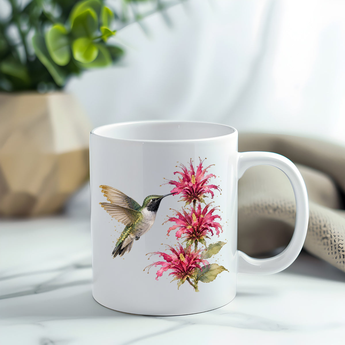 Hummingbird Pink Bee Balm UV DTF sticker applied to a white coffee mug