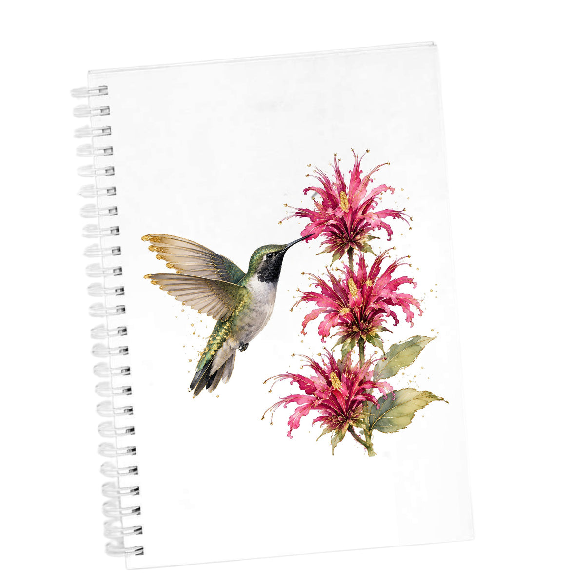 Hummingbird Pink Bee Balm UV DTF sticker applied to the cover of a white spiral journal