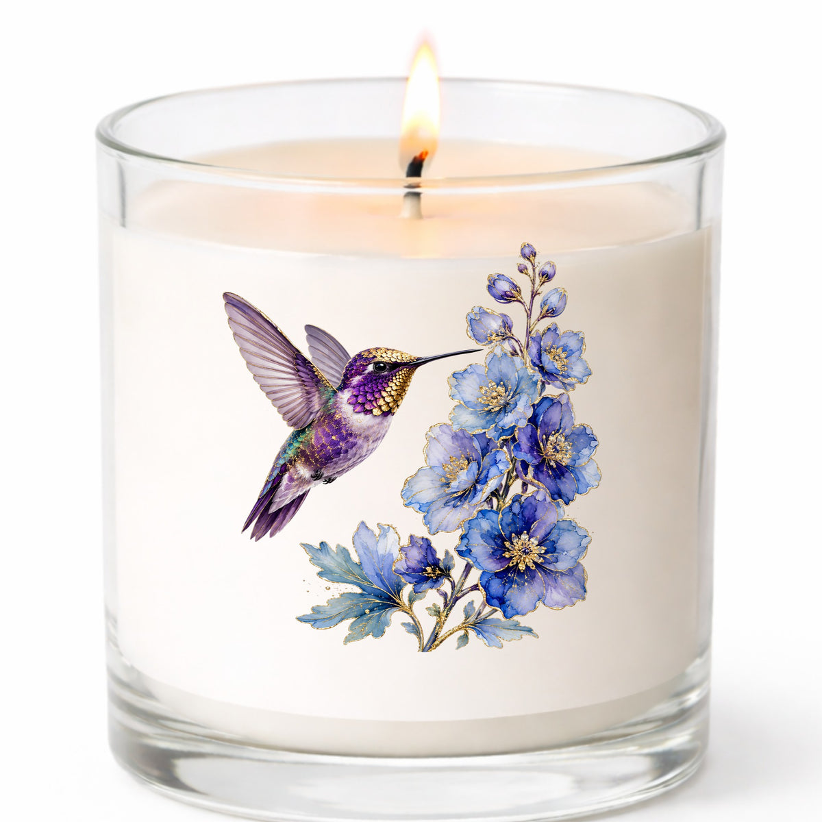 Purple Hummingbird Blue Delphinium UV DTF sticker applied to a white candle in a clear glass jar