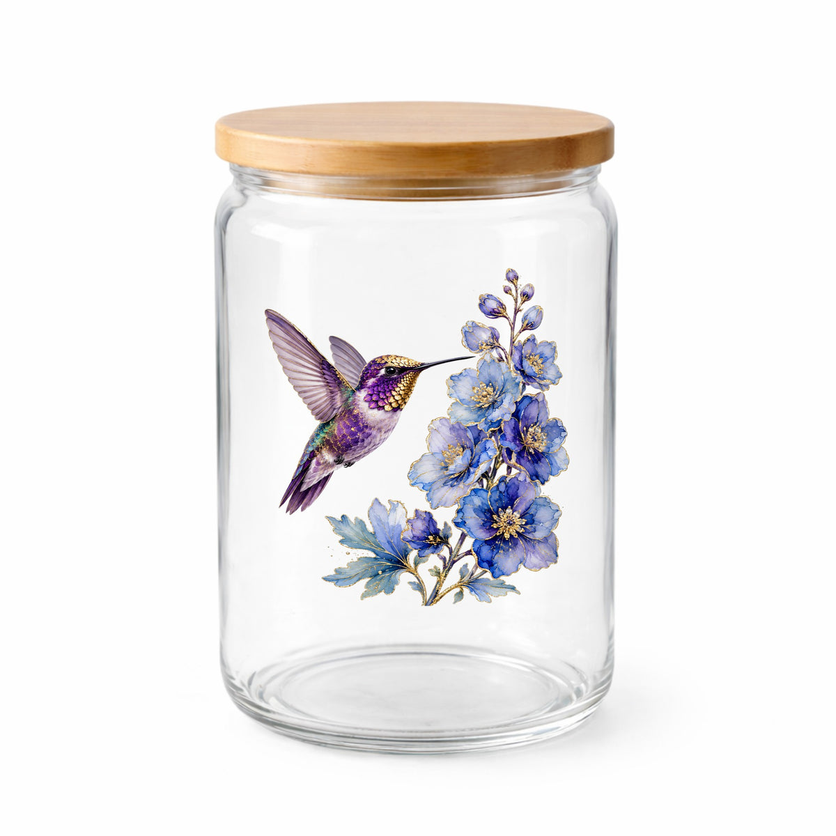 Purple Hummingbird Blue Delphinium UV DTF sticker applied to a clear glass jar with a wooden lid